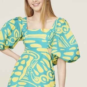 Alexis Bodhi Puff Sleeve Mini Dress Blue Yellow L Cotton